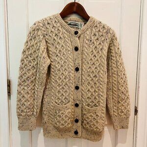 Aran Crafts Cardigan Oatmeal 100% Wool Cable Knit Sweater Pockets Ireland XS